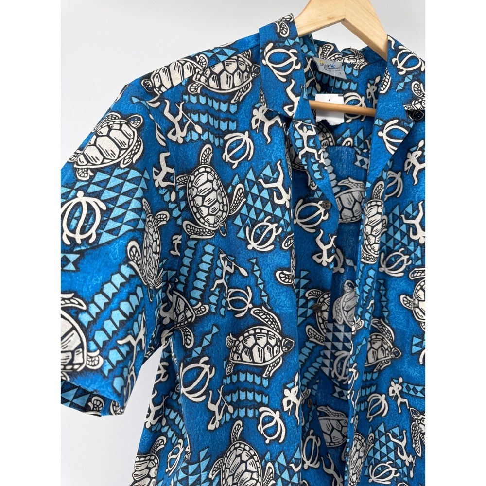Hawaiian Luau Camp Shirt Mens L Blue Turtle Print Coastal Aloha Royal‎ Creations